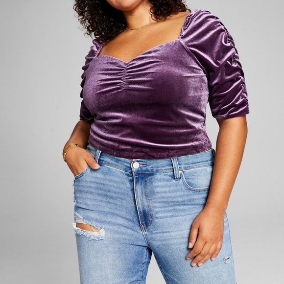And Now This Women’s Trendy Plus Size Puff-Sleeve Velvet Top 1X Purple NWT - Picture 1 of 6